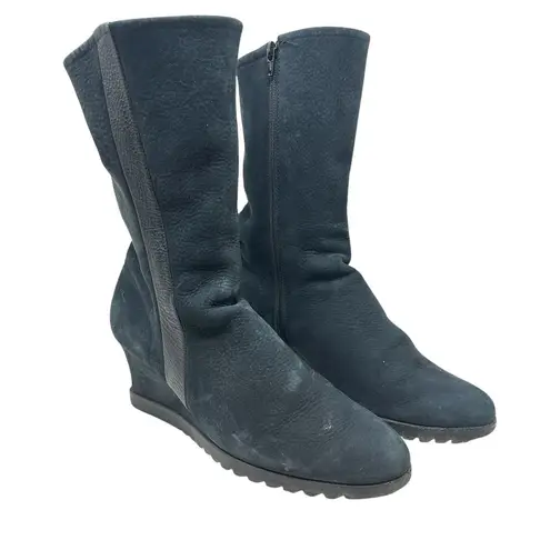 Arche Suede Wedge Tall High Boots Side Zip Leather Stripe Black Size 38 US 7