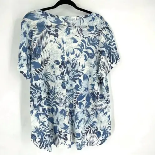 C&C California Women's Linen Floral Leaf Print Short Sleeve Top Blue Size 2X