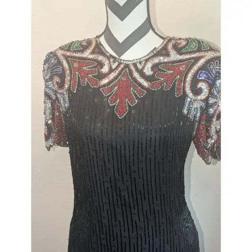 Scala Vintage Beaded Silk Dress Black Multi-Color Sequin Cocktail Gown