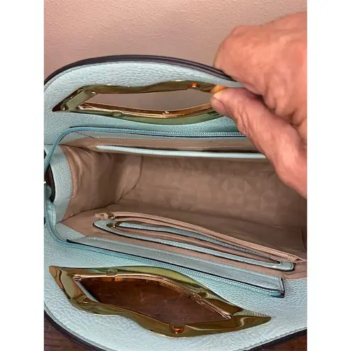 Light Blue Quilted Shoulder Bag with Gold Lip Handle Medium Size