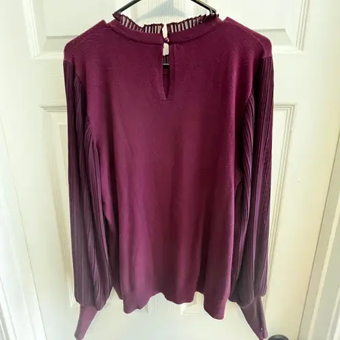 Plum Purple Sweater with Pleated Bishop Sleeves Ruffle Mock Neck Size Medium Purple