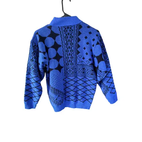 Vintage 80s Geometric Patchwork Mock Neck Sweater Blue Black Medium USA Made