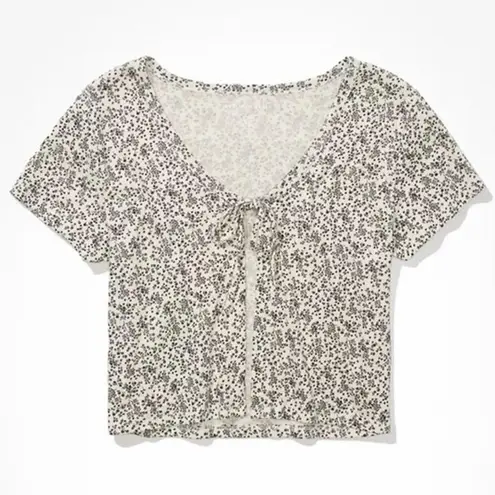 American Eagle AE Mini Floral Tie Front Tee Short Sleeve Top Medium Boho Trendy White