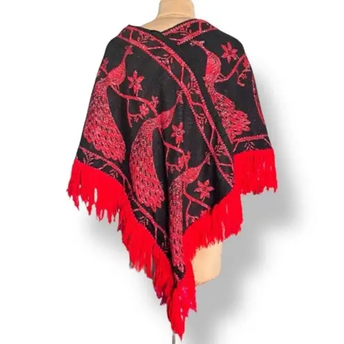 Vintage Black Red Peacock Fringe Shawl Poncho Boho Statement Holiday Topper Size M