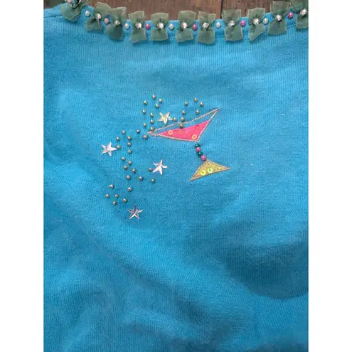 Vintage BERK2 Blue Knit Sweater with Embellished Cats & Martini Design, Size L Size L