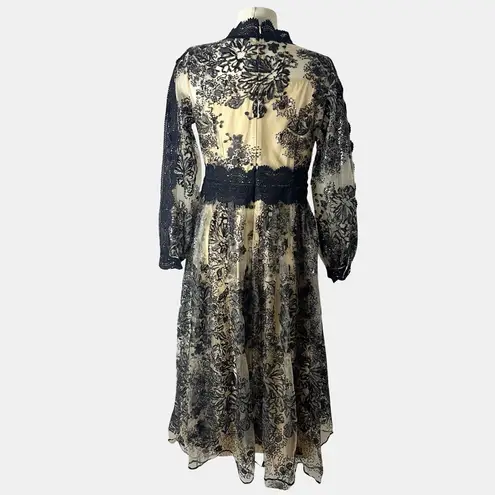 Burryco Beaded Lace Mesh Floral Midi Dress 8 Beige Black Long Sleeve Cocktail