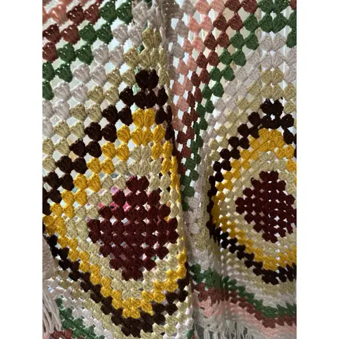 Handmade Crochet Granny Square Hexagon Fringe Earthy Open Cardigan One Size