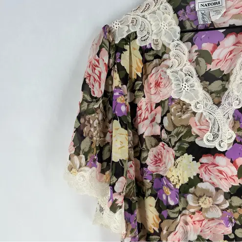 Natori Vintage Floral Semi Sheer Nightgown Dress Lace Detail Long Maxi Kimono S Pink