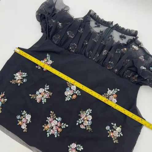 Needle & Thread Embellished Tulle Mesh Crop Top Black Flutter Sleeve