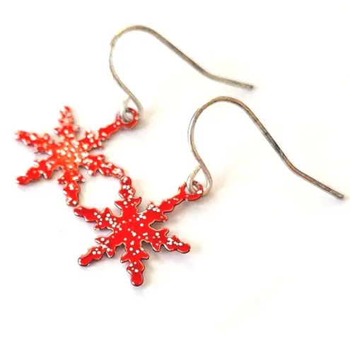 Vintage Red Sparkly Dainty Snowflake Hook Pierced Earrings