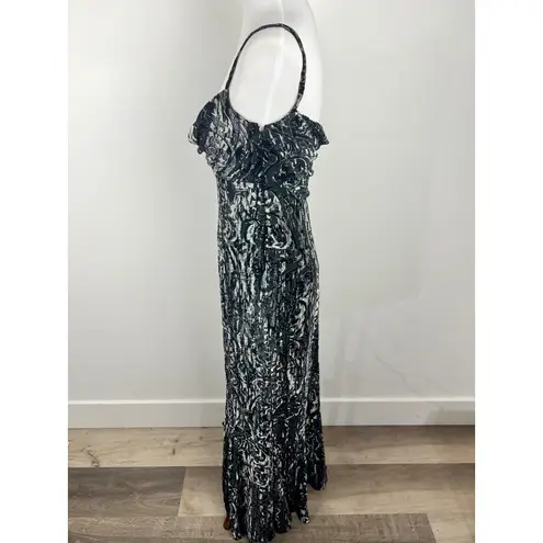Badgley Mischka Black Floral Velvet Lace Spaghetti Strap Formal Maxi Dress