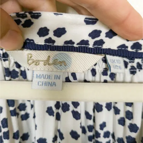 BODEN Navy White Print Maya Blouse Viscose Long Sleeve Split Neck Women's US 6 Blue