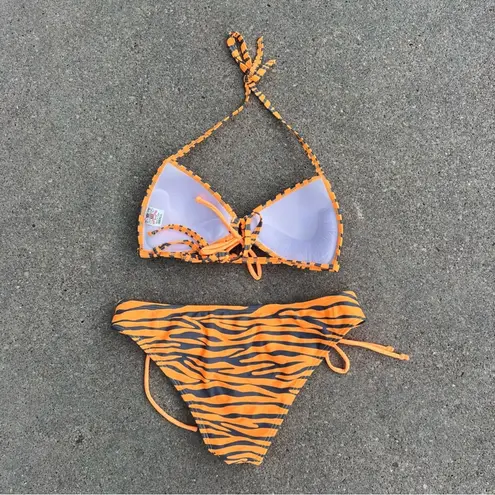 Vintage Y2K True Crush Orange Tiger Stripe Triangle Pushup Bikini Small/Medium