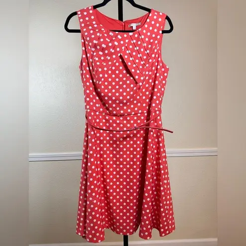 Signature Darby Women’s Coral White Polka Dot Sleeveless Swing Dress Retro Chic Size 14