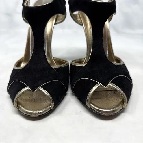 Valentino Garavani Vintage Suede T Strap Side Cut Out Sandal Heel Black Y2K 37.5 Size 6.5