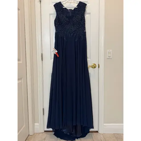 Mac Duggal NWT 20264 Navy Cap Sleeve Applique Bodice Flowy Gown Size 12