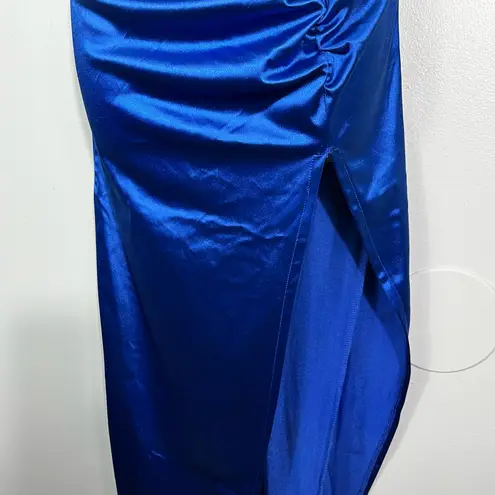Liz & Sara Royal Blue Shiny Satin Ruched High Leg Slit Party Dress Large L Prom