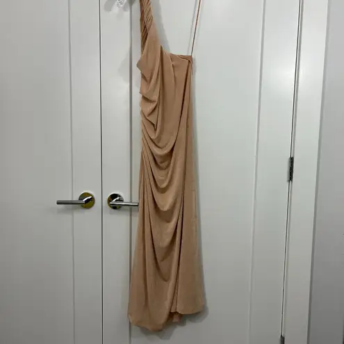 New Misha Size 12 Rose Gold Dune One Shoulder Ruched Midi Dress