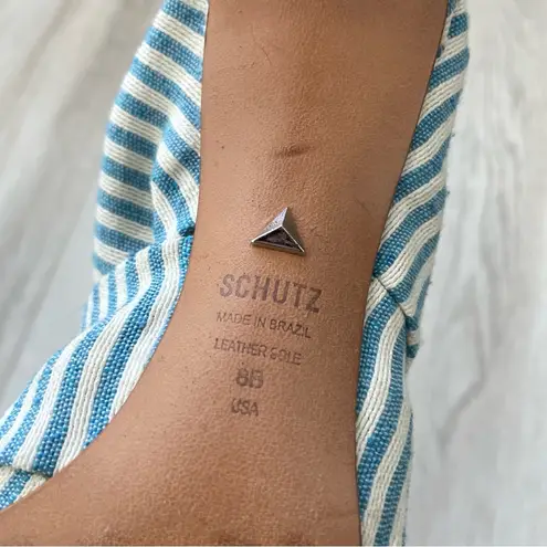 Schutz Striped Bow Open Toe Heels Sandals Blue White (size 8)