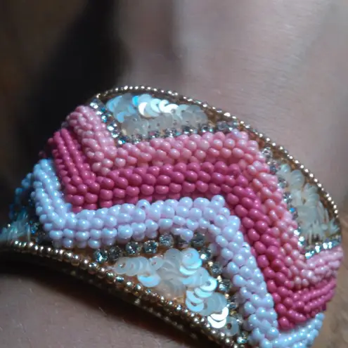 Handcrafted Pink Seed Bead, White Crystal, and Sequin Cuff Bracelet
