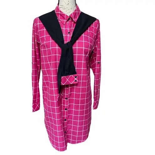 PUANLI Women's pink window pain plaid button down shirt tunic cat graphic XL