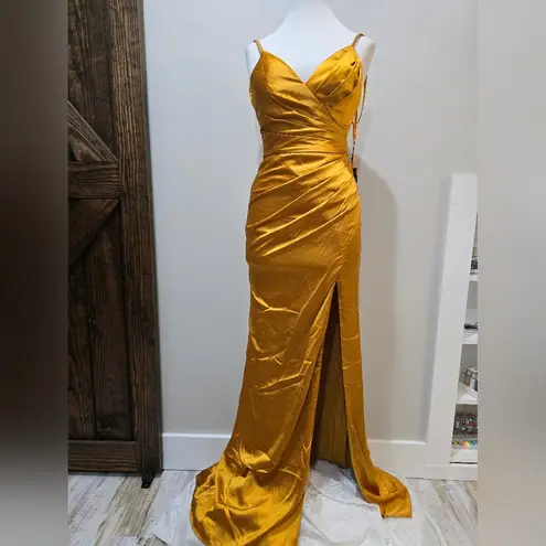 Mac Duggal  26585 Satin Sleeveless Faux Wrap Ruched Gown NWT sz 0 Marigold/Yellow