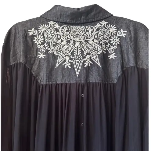 Lucky and Blessed Embroidered Western Style Maxi duster SHEER Poet Sleeve Black Size XL