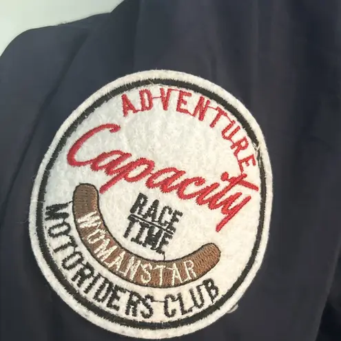 Coca Bella Moto Racing Bomber Jacket – Navy Satin Patch Streetwear Y2K Style Blue Size 4