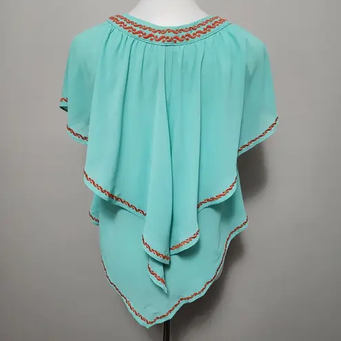 C. Luce Turquoise & Orange Ruffle Overlay Embroidered Vneck Blouse Size Small