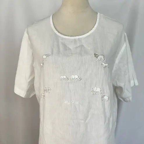 African Safari Embroidered Top Big Five Graphic Print Short Sleeve Women Medium White
