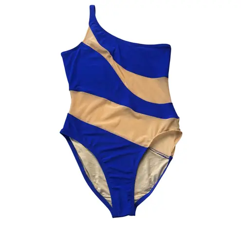 Norma Kamali One Shoulder One Piece Swimsuit Royal Blue Mesh Cutout XL