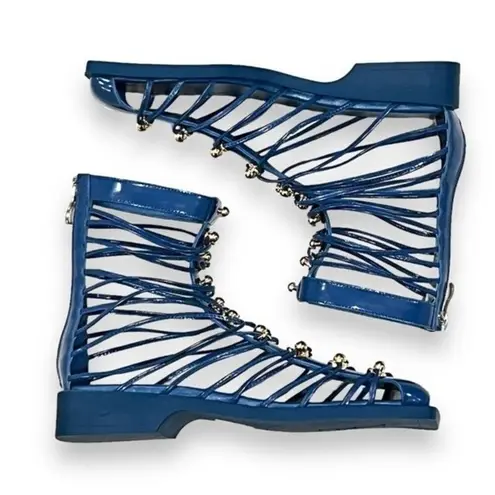 VHNY Vivienne Hu Cobalt Studded Leather Straps Ankle Boots Size 7 (EU 37) Blue