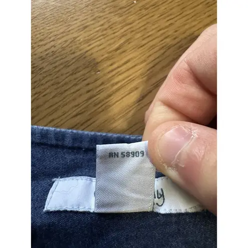 Go Softly Patio Denim Mumu Dress Zip Front Fruit Embroidered Pockets Size Medium Blue