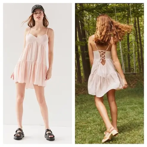 Urban Outfitters  Harper Pink Tiered Lace-Up Babydoll Dress Small