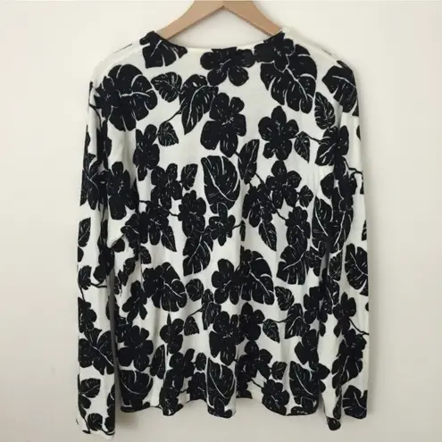 Cathy Daniels Black White Wool Hibiscus Floral Palm Leaves Sweater