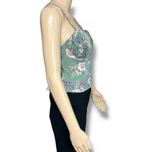 Blush BJ Womens Crop Top Floral Print Pleated Underwire Cutout Back Green Small
