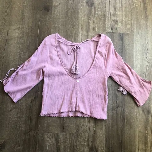 Rip Curl  Dusty Pink Mauve Boho Tie Sleeve Lace Blouse M