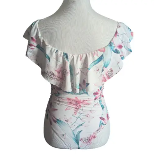 La Blanca Floral Ruffle Off-Shoulder Lace-Up One-Piece Swimsuit US 6