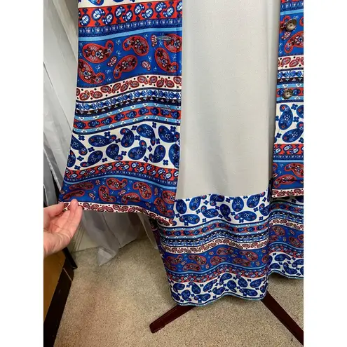 maxi dress with patterned yoke boho with coat 70s Vintage white blue red Size 18