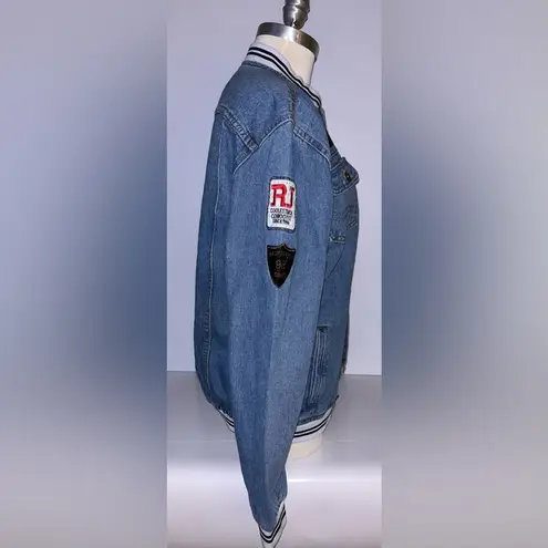 Denim Varsity Jacket with decorative patches. Button front with button pockets. Blue Size M