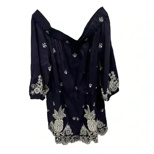 Farm Rio Embroidered Linen Romper Pineapple Anthropologie Jackie Navy Size S NWT