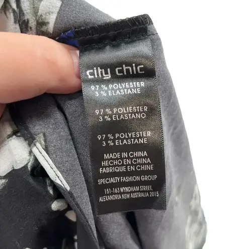 City Chic Geometric Floral Print Ultra Blue Zip Front Dress Black Plus Size 16