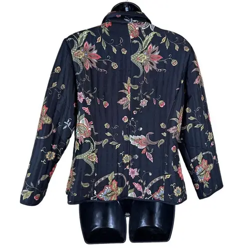 Silkland 100% Black Silk Floral Print Puffer Jacket Women’s Size Petite