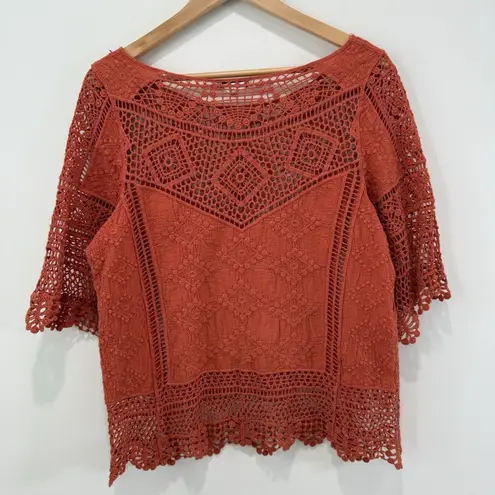 Democracy Crochet Lace Boho Gauze Cotton Top Size M Rust Color Open Knit Hippie