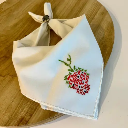 Vintage White Handmade Embroidered Strawberry Fruit Neck Tie Bandana