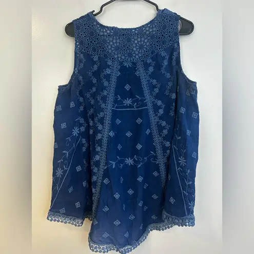 Johnny Was Nye Blue Eyelet Embroidered Sleeveless Button Up Tank/Blouse Large
