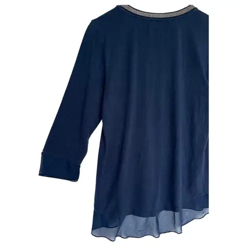 Soft Surroundings Womens M Beaded V Neck 3/4 Mesh Sleeves Hem Dressy Dark Teal