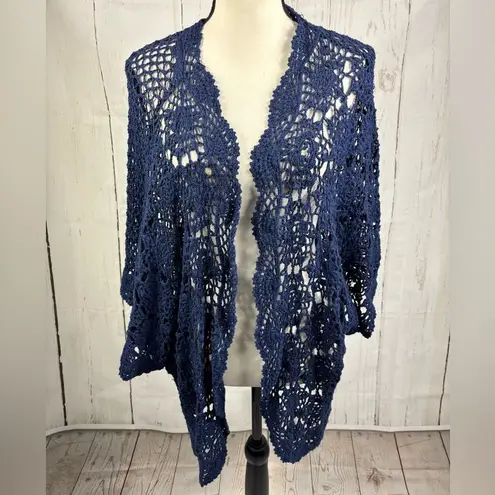 Jessica London Jessika London Navy Crocket Knit Cardigan Coverup Open Front Ramie Cotton