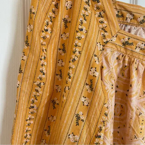 C&C California Yellow Linen Blend Top Blouse Square Neck Floral Puff Sleeve