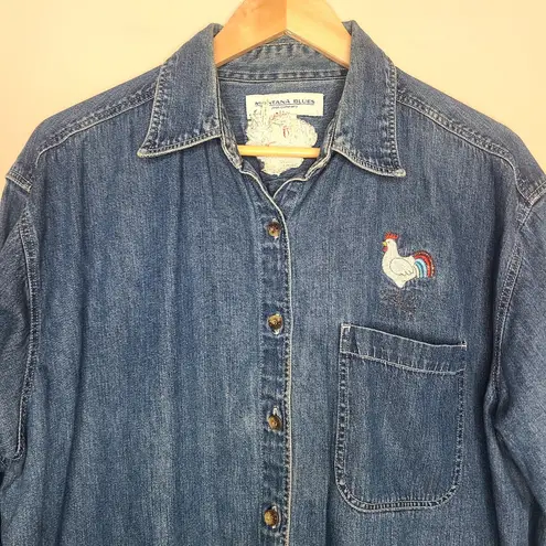 Montana West Denim Embroidered Button Down Shirt Farm Animals Horse Chickens